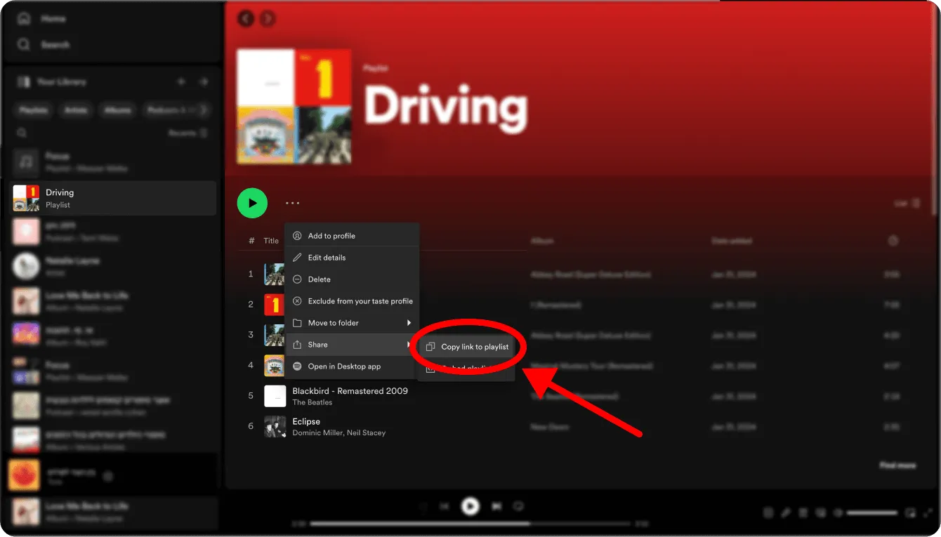 Seleccione 'Copiar enlace a la lista de reproducción' para copiar el enlace