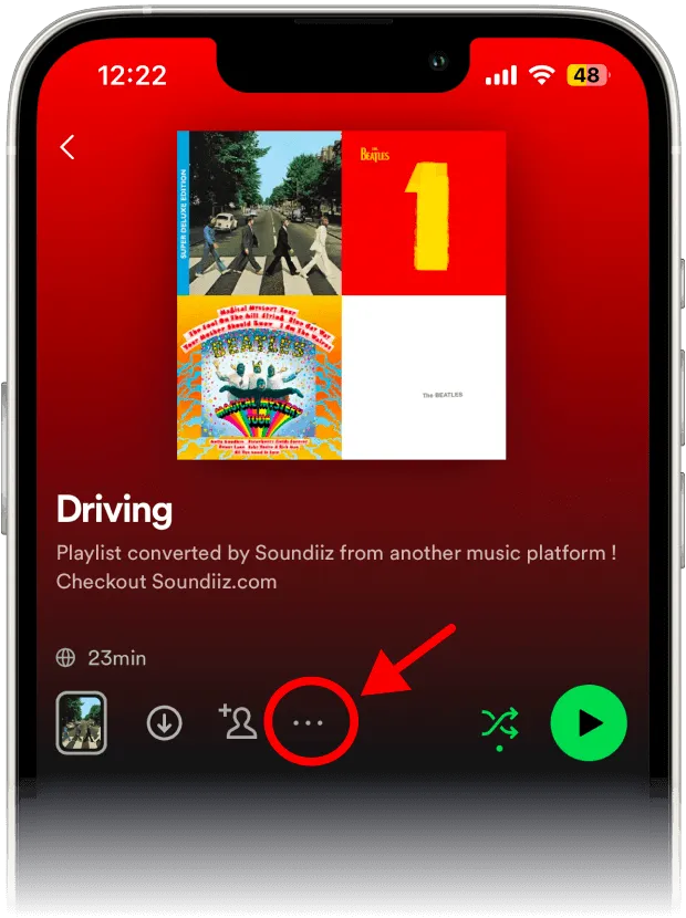 En la página de la lista de reproducción, presione los tres puntos ubicados entre el ícono de perfil y el botón de reproducción aleatoria.